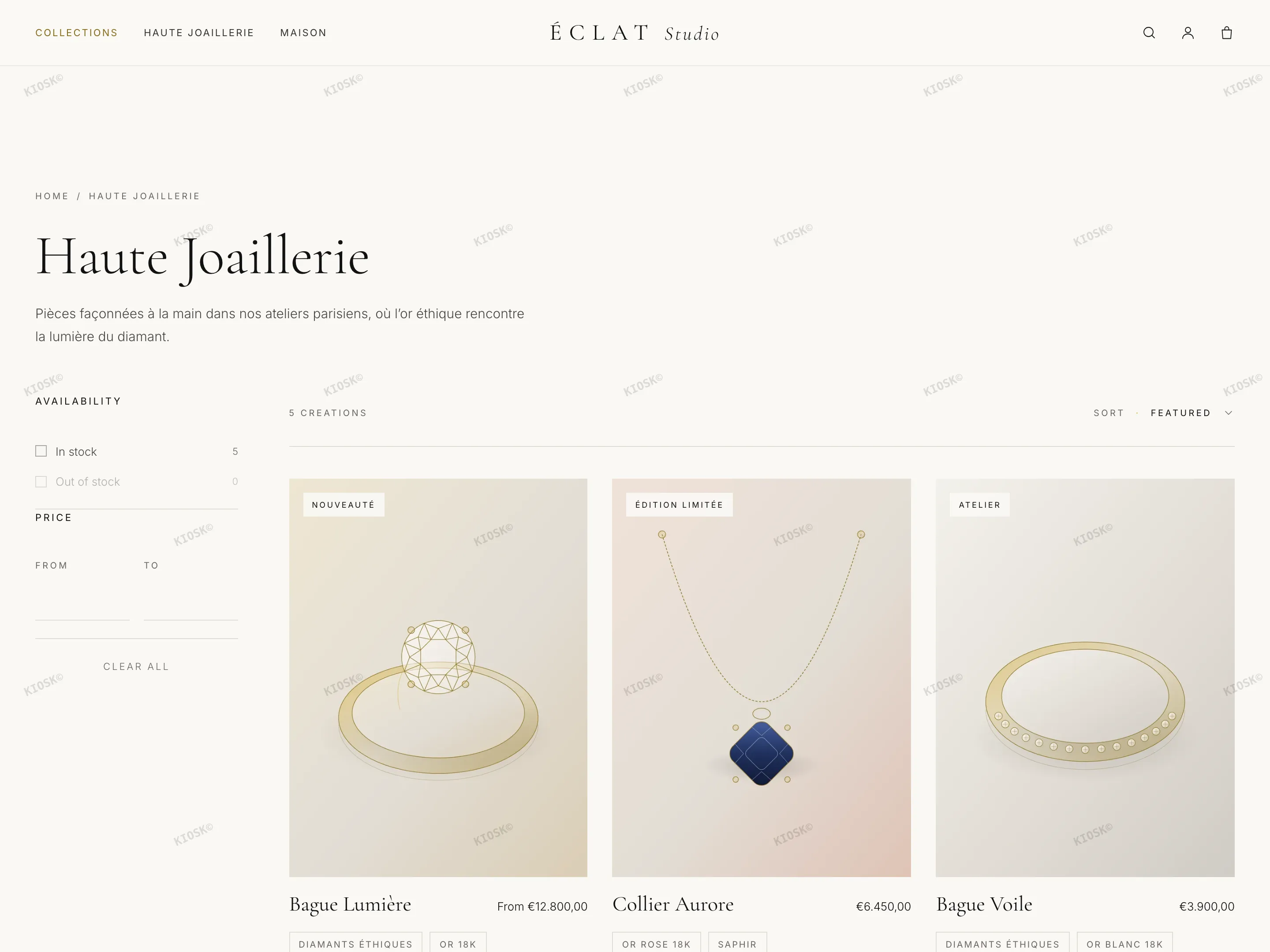 ÉCLAT collection page with filters and the sort menu