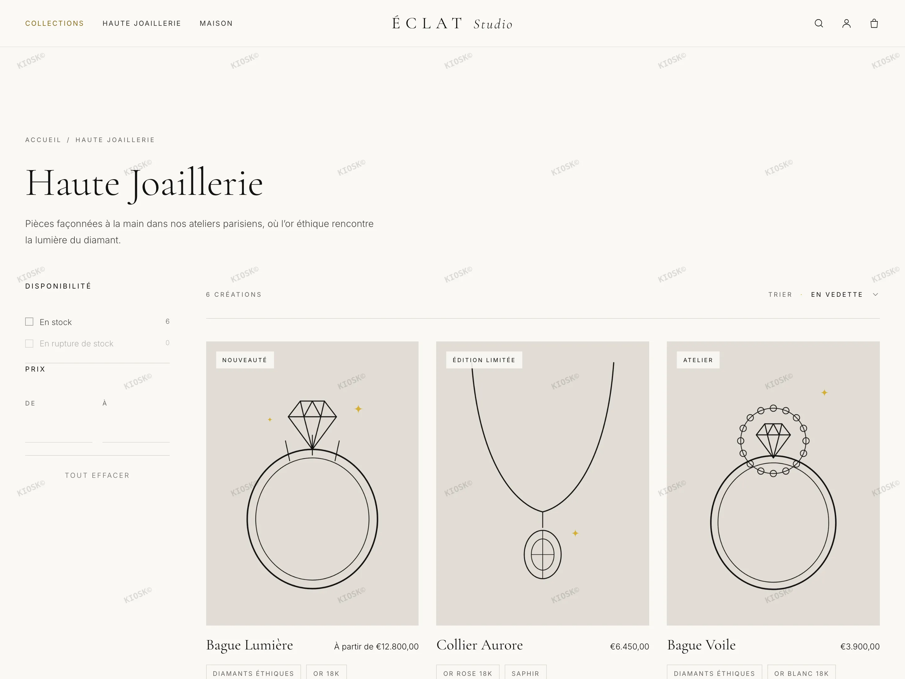 Page collection ÉCLAT avec filtres et menu de tri