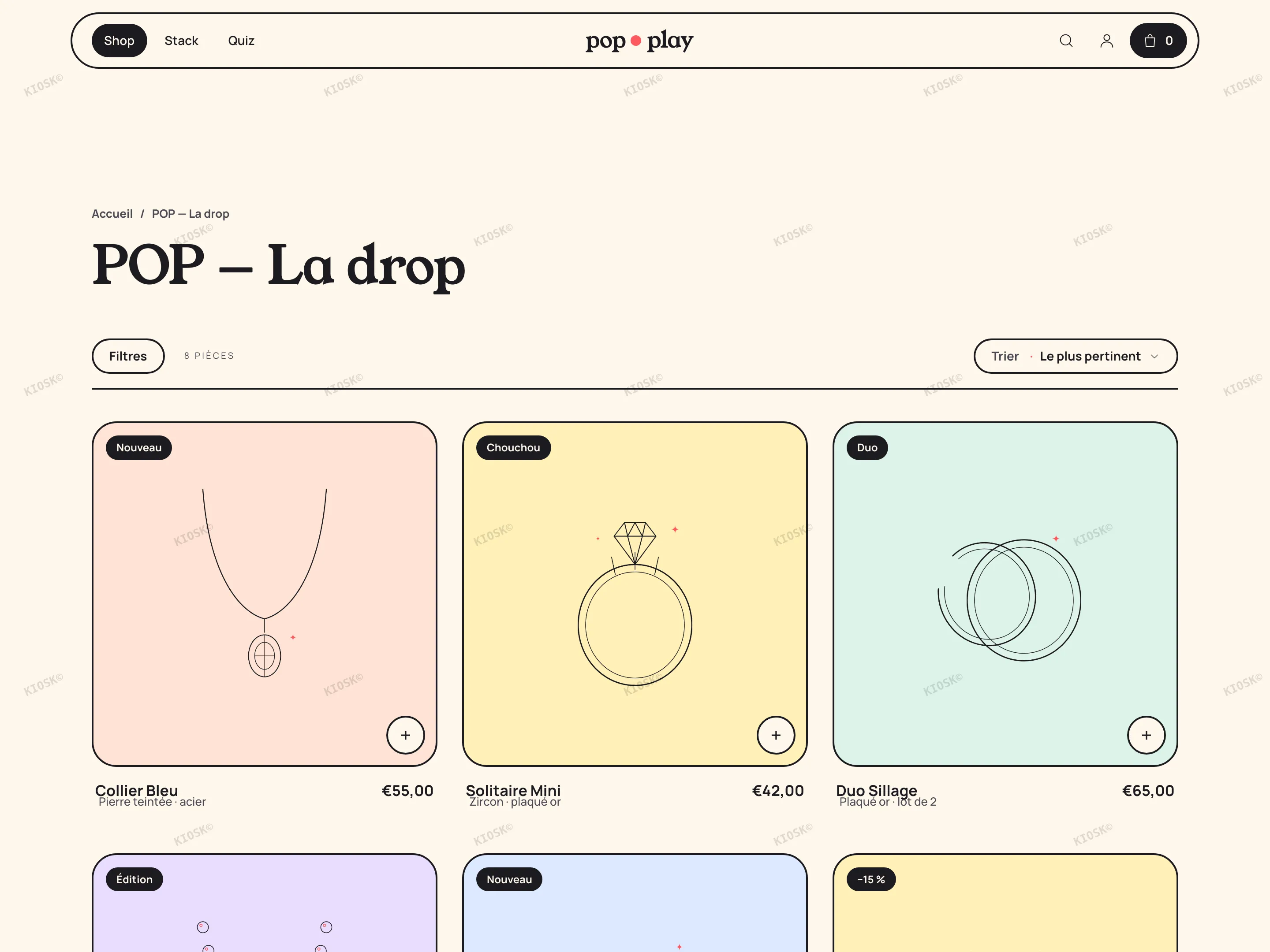Page collection POP avec le bouton Filtres, le tri en pilule et la grille de vignettes teintées