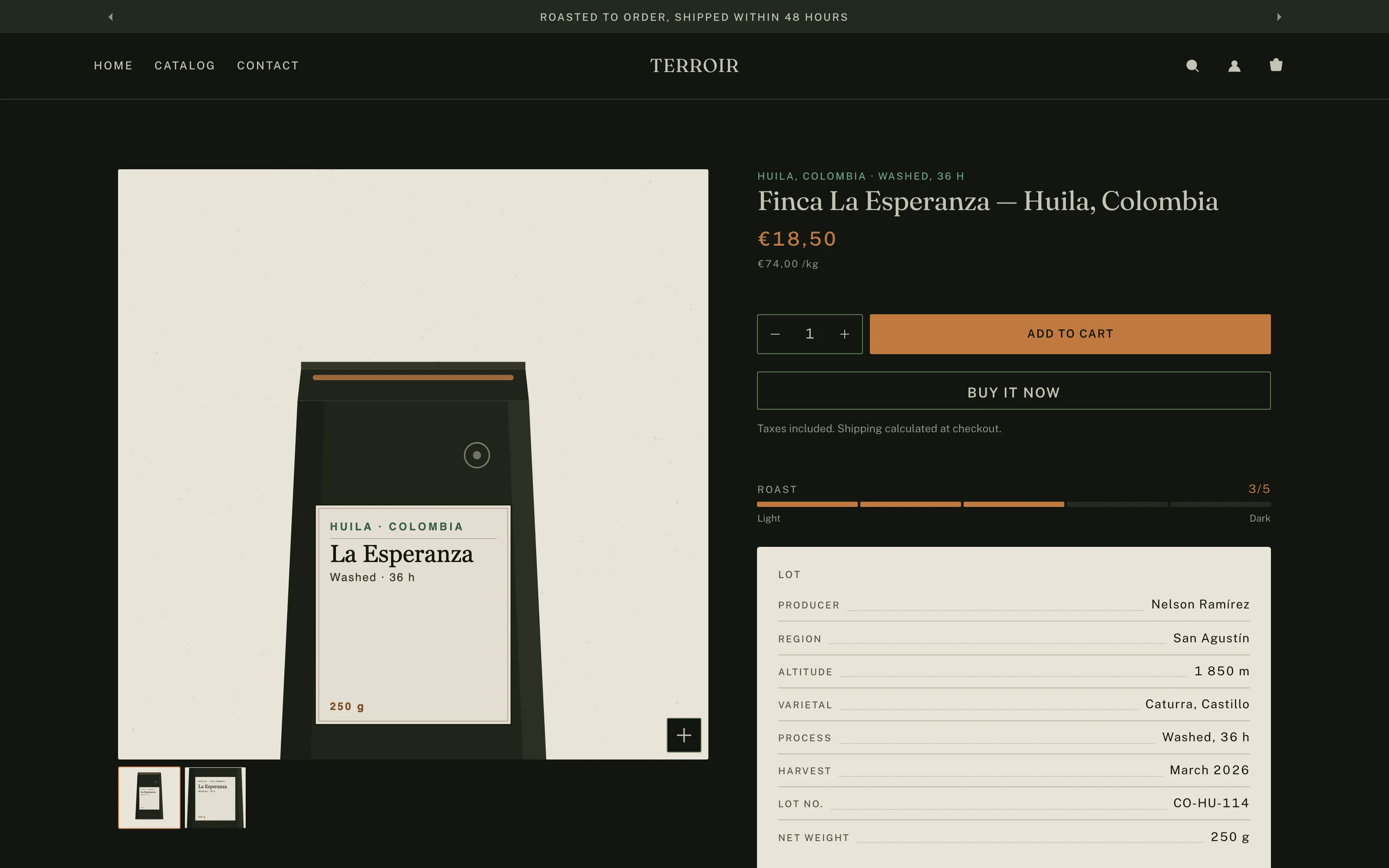 TERROIR product page — the lot sheet