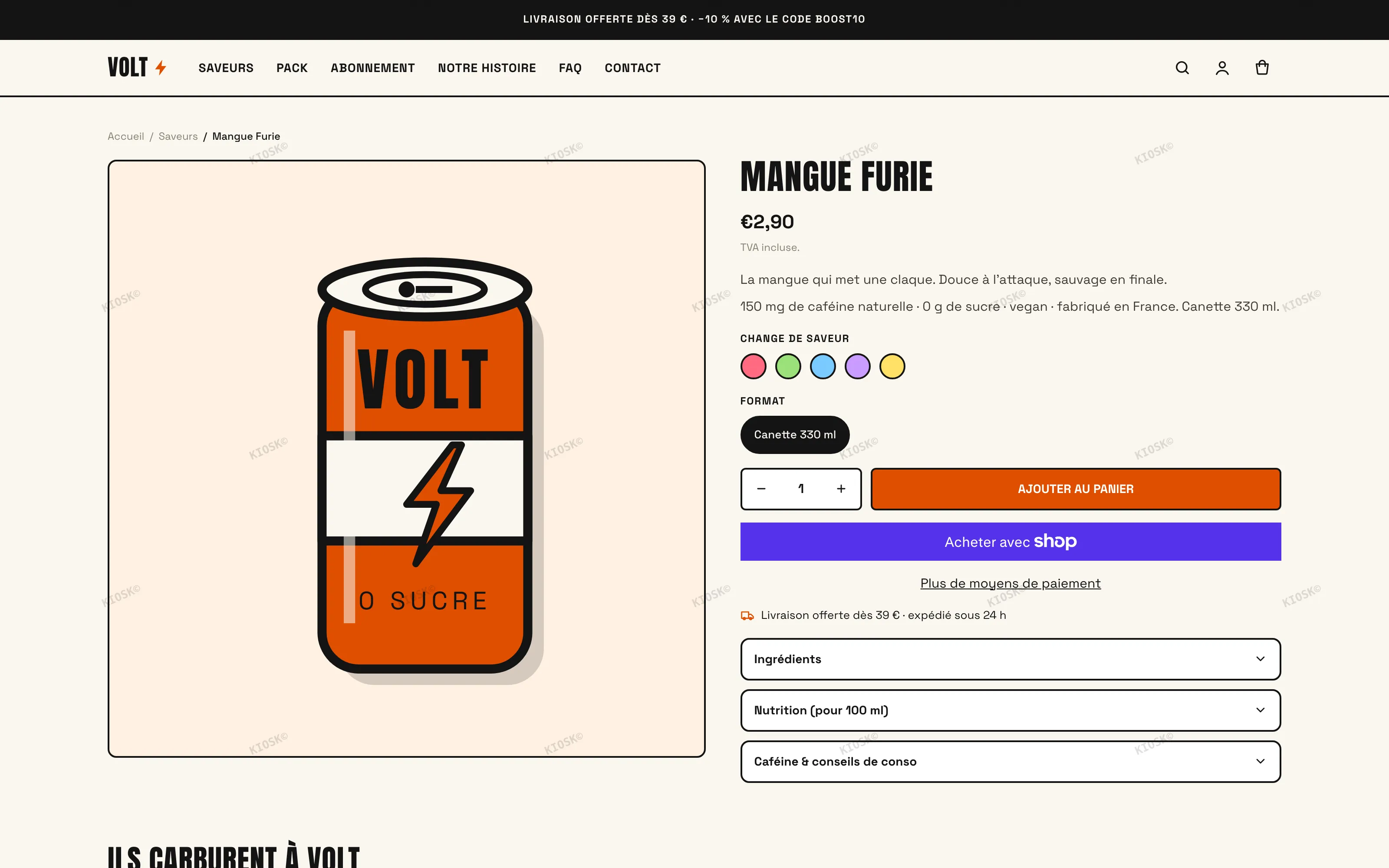 VOLT, page produit — pastilles de saveurs et plans de vente